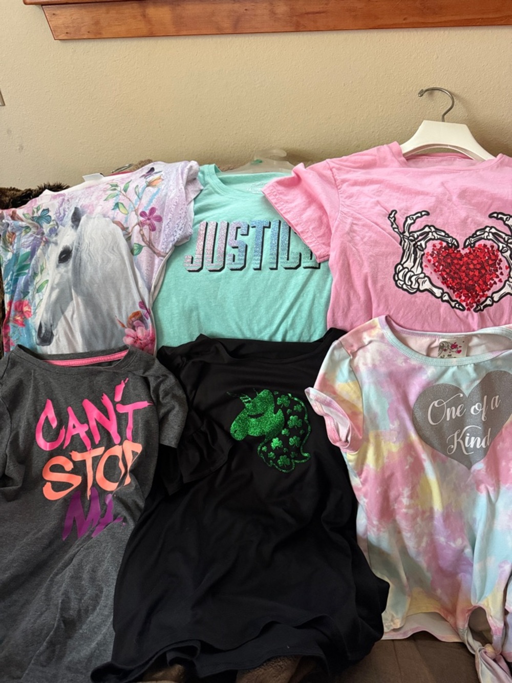 Girls Large Multi-Color Short Sleeve Tee Lot Bundle Featuring Mint & Pink